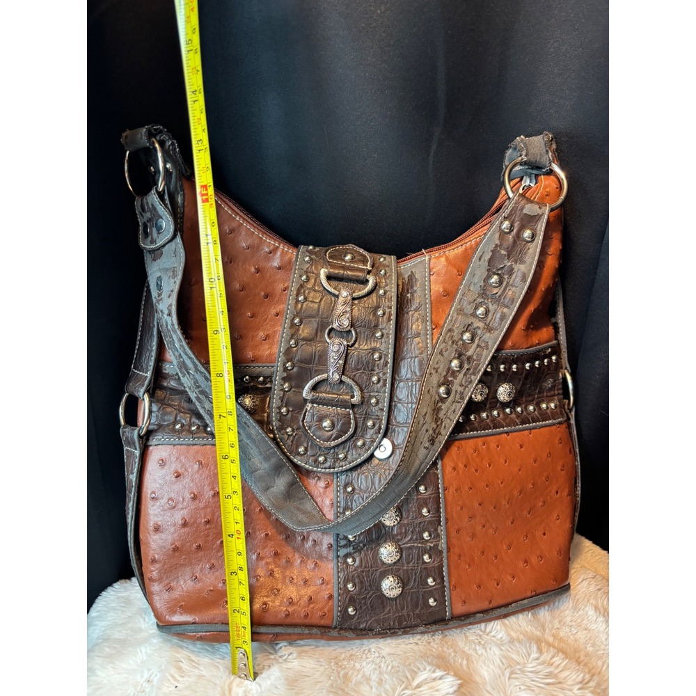 Western Ostrich Croc Embossed Studded Hobo Shoulder Bag Cognac Brown Horsebit